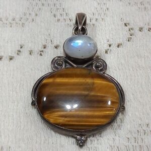 Vintage 925 Silver Real Tiger Eye & Moonstone Gemstone Oval Pendant Boho Hippie